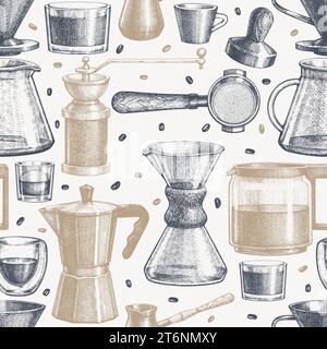 Autres modèles de cafetière sans couture. Vector dessin main fond de l'équipement de café de spécialité. Design de bar à café de style vintage Illustration de Vecteur