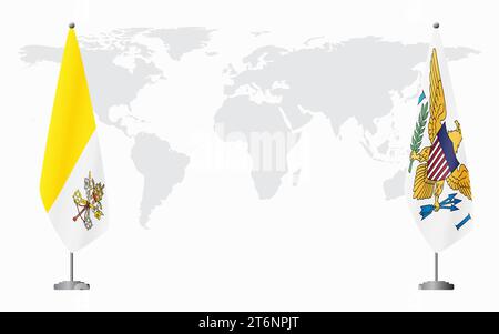 Drapeaux du Vatican et des îles Vierges américaines pour réunion officielle sur fond de carte du monde. Illustration de Vecteur