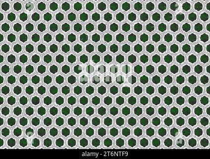 Une grande image montrant un motif hexagonal. Le motif présente de petites feuilles d'arbre vertes inscrites dans des cellules. Ces cellules sont séparées par une verticale Banque D'Images