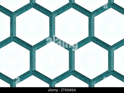 Hexagones blancs avec bordure verte et noire avec des formes abstraites ombragées de lignes et de points. Banque D'Images