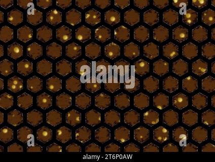 Une grande image montrant un motif hexagonal irrégulier. Le motif comporte de petits points jaunes et noirs inscrits dans des hexagones oranges avec la diagonale L. Banque D'Images