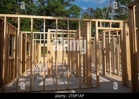 Gros plan des poteaux de charpente en bois des murs intérieurs au nouveau chantier de construction de maison au soleil avec des ombres, avec des arbres en arrière-plan. Banque D'Images