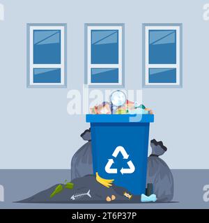 Poubelle débordant. Déchets alimentaires dans la poubelle avec odeur désagréable. Dépotoir et recyclage des déchets, sacs noirs avec déchets. Illustration vectorielle Illustration de Vecteur