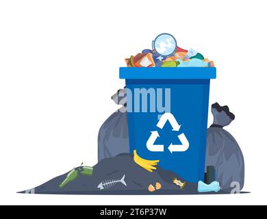 Poubelle débordant. Déchets alimentaires dans la poubelle avec odeur désagréable. Dépotoir et recyclage des déchets, sacs noirs avec déchets. Illustration vectorielle Illustration de Vecteur