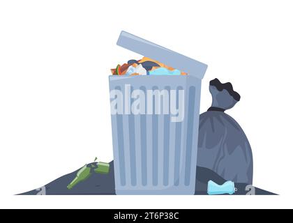 Poubelle débordant. Déchets alimentaires dans la poubelle avec odeur désagréable. Dépotoir et recyclage des déchets, sacs noirs avec déchets. Illustration vectorielle Illustration de Vecteur