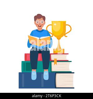 Pile de livres avec trophée de coupe d'or. Lecture, littérature, encyclopédie. Garçon assis sur la pile de livres et livre de lecture. Genius Kid. Connaissance, c Illustration de Vecteur