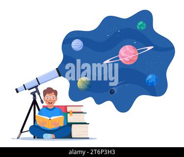 Mignon garçon lisant le livre sur l'univers, l'espace et les planètes, assis près de pile de livres. Télescope astronomique regarde dans l'espace avec des planètes, des étoiles et c Illustration de Vecteur