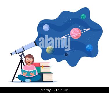 Mignonne fille lisant le livre sur l'univers, l'espace et les planètes, assis près de pile de livres. Télescope astronomique regarde dans l'espace avec des planètes, des étoiles et Illustration de Vecteur