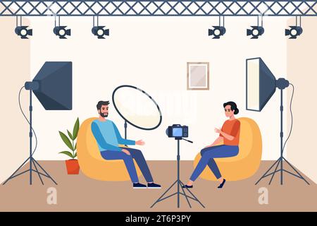 Entretien de tournage en studio professionnel. Lumière de boîte souple, caméra, projecteur. Équipement professionnel pour la prise de vue vidéo. Deux personnes ayant conversatio Illustration de Vecteur