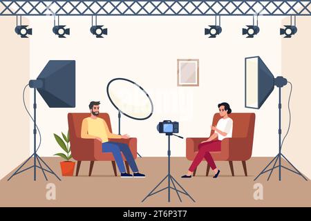 Entretien de tournage en studio professionnel. Lumière de boîte souple, caméra, projecteur. Équipement professionnel pour la prise de vue vidéo. Deux personnes ayant conversatio Illustration de Vecteur