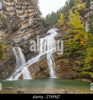 Chutes Cameron avec la couleur du feuillage d'automne dans le parc national des Lacs-Waterton, Alberta, Canada. Banque D'Images