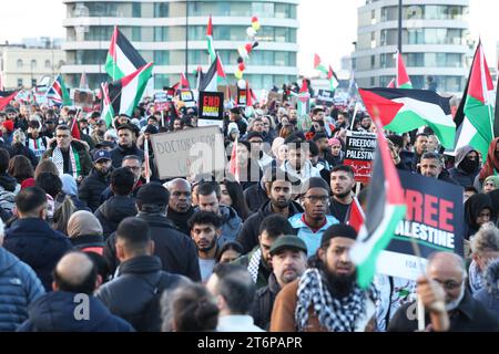 Londres, Royaume-Uni, 11 novembre 2023. La police a estimé que 300 000 000 personnes se sont jointes à la marche pro-palestinienne depuis Hyde Park, à travers le pont Vauxhall vers l'ambassade américaine, avec des manifestants appelant à un cessez-le-feu à Gaza. La marche est tombée le même jour que le jour de l'armistice, mais est restée loin des commémorations du cénotaphe. Crédit : Monica Wells/Alamy Live News Banque D'Images