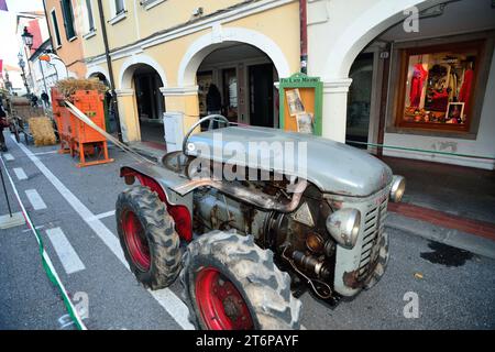 Foire de l'oie à Mirano, une ville de la province de Venise, Italie. La foire coïncide avec St. Martin's Day. La foire remonte au siècle dernier et les villageois s'habillent en vêtements de cette époque. Exposition de machines agricoles vintage. Un tracteur agricole Eron. Banque D'Images