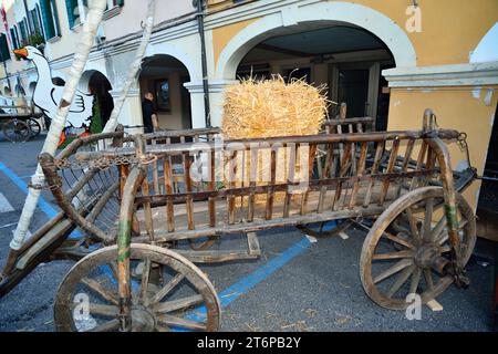 Foire de l'oie à Mirano, une ville de la province de Venise, Italie. La foire coïncide avec St. Martin's Day. La foire remonte au siècle dernier et les villageois s'habillent en vêtements de cette époque. Vieux wagon en bois pour la récolte du foin. Banque D'Images