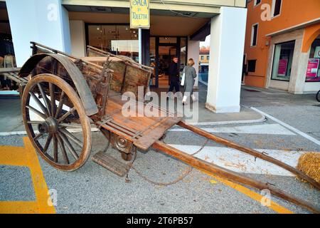 Foire de l'oie à Mirano, une ville de la province de Venise, Italie. La foire coïncide avec St. Martin's Day. La foire remonte au siècle dernier et les villageois s'habillent en vêtements de cette époque. Vieux wagon en bois. Banque D'Images