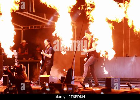 8 novembre 2023, Mexico, Mexique Christian Andreu, membre du groupe de Death Metal français Gojira, joue lors du concert de la tournée Mega Monsters au vélodrome olympique. (Image de crédit : © Carlos Santiago/eyepix via ZUMA Press Wire) USAGE ÉDITORIAL SEULEMENT! Non destiné à UN USAGE commercial ! Banque D'Images