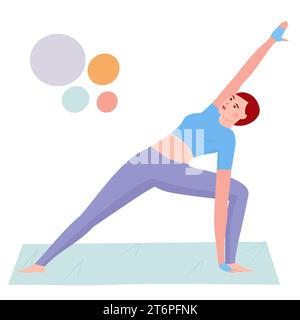 La fille est engagée dans la gymnastique de yoga. Illustration avec un adolescent faisant du yoga ou du Pilates sur un tapis. Vecteur plat Illustration de Vecteur