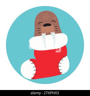Mignon morse dort dans un bas de Noël. Joyeuses fêtes. Animal d'hiver. Illustration vectorielle Illustration de Vecteur