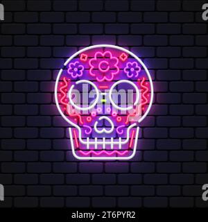 Signe néon de crâne pour la décoration et la couverture sur le fond de mur. Concept de Happy Day of the Dead au Mexique. Illustration vectorielle Illustration de Vecteur