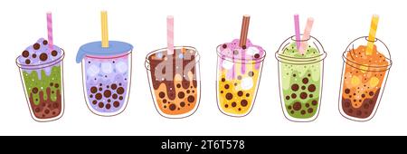 Thé à bulles. Boissons lactées aux perles de tapioca. Boissons aux fruits d'été dans des gobelets en plastique avec couvercles. Cocktails de goûts différents. Smoothie asiatique. Doux Illustration de Vecteur