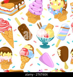 Motif de crème glacée sans couture. Desserts froids en gaufres en cônes, tasses et bâtonnets. Bonbons colorés. Snacks Gelatos avec glaçage. Garniture au chocolat. Enfants Illustration de Vecteur