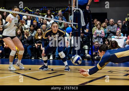 11 novembre 2023, Annapolis, Maryland, États-Unis : un joueur de volleyball de la Navy tente une fouille lors du Star Match annuel contre l'armée à l'Académie navale des États-Unis à Annapolis Maryland le 11 novembre 2023. (Image de crédit : © Robert Blakley/ZUMA Press Wire) USAGE ÉDITORIAL SEULEMENT! Non destiné à UN USAGE commercial ! Banque D'Images