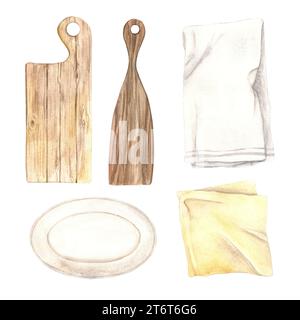 Ensemble d'illustrations de torchons de cuisine aquarelle et planches à découper et ustensiles. Serviette textile dessinée à la main, planches de bois, plaque en céramique isolée Banque D'Images