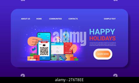 homme dans le chapeau du père noël impression e-billets via l'application mobile réservation en ligne recherche pour le concept de service de vol horizontal Illustration de Vecteur