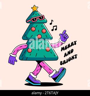 Noël hippie groovy. Arbre de Noël avec citation Joyeux et lumineux dans le style de bande dessinée rétro à la mode. Illustration vectorielle. Illustration de Vecteur
