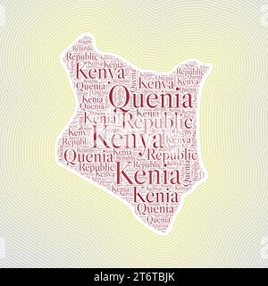 Forme du Kenya formée par le nom du pays dans plusieurs langues. Frontière du Kenya sur fond dégradé rayé élégant. Affiche vibrante. Illustration de Vecteur