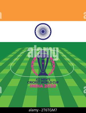 Cricket Green Field et logo de la coupe du monde, fond coloré du drapeau indien, illustration vectorielle Abstract image modifiable Illustration de Vecteur