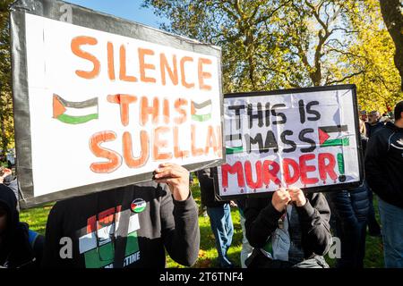 Londres, Royaume-Uni. 11 novembre 2023. Marche nationale pour la Palestine. Les Palestiniens et leurs partisans marcheront de Hyde Park à l'ambassade américaine à Vauxhall pour réclamer un cessez-le-feu maintenant. Les marcheurs se forment avant de marcher vers l'ambassade des États-Unis. Malgré l'opposition de Suella Braverman, ministre de l'intérieur, la marche a lieu. Organisé par la Palestine Solidarity Campaign, Friends of Al-Aqsa, Stop the War Coalition, Muslim Association of Britain, Palestinian Forum in Britain et CND. Crédit : Stephen Bell/Alamy Live News. Banque D'Images