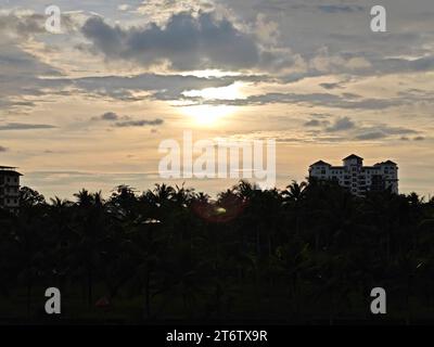 Une vue panoramique magnifique sur un horizon au coucher du soleil avec des bâtiments silhouettés illuminés par une lumière dorée et des palmiers au premier plan Banque D'Images