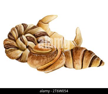 Viennoiseries viennoiseries et petits pains au chocolat à la cannelle illustration aquarelle pour le petit déjeuner et la pause café Banque D'Images