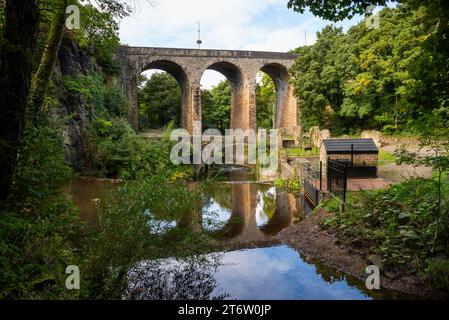 Le Torrs Riverside Park à New Mills, Derbyshire, Angleterre. Le Torrs Hydro vu à droite de la photo. Banque D'Images