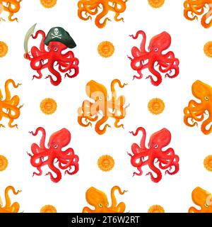 Motif sans couture de dessin animé avec des poulpes rouges et jaunes, dont certains sont des pirates et des pièces de monnaie. Décoration créative pour enfants pour tissus, emballages, textiles Banque D'Images