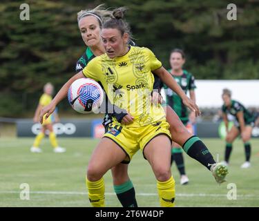 Porirua, Wellington, Nouvelle-Zélande, 12 novembre 2023 : Annalie Longo de Wellington est très marquée. Wellington Phoenix contre Western United. A-League Women. Parc de Porirua. Porirua. Wellington. Nouvelle-Zélande. Phoenix gagne à domicile 3-1 (HT 2-0). (Joe SERCI / SPP) Banque D'Images