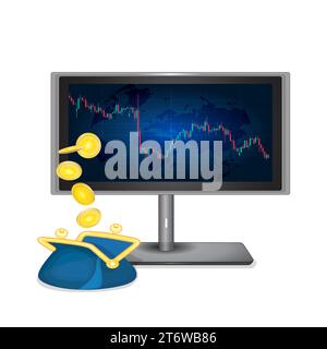 Graphique de bâton de bougie dans l'affichage et le portefeuille avec l'argent tombant. Trading de crypto-monnaie, profit ou investissement en actions.analyse du marché boursier.vecteur Illustration de Vecteur