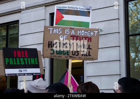 Londres, Royaume-Uni - 11 novembre 2023 - panneau lors d'une marche de protestation pour exiger un cessez-le-feu à Gaza attire plus de 300,00 000 personnes, organisée par la Palestine Solidarity Campaign. Banque D'Images