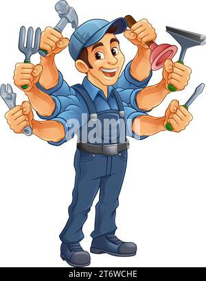 Handyman Cartoon Handy Man Caretaker multitâche Illustration de Vecteur