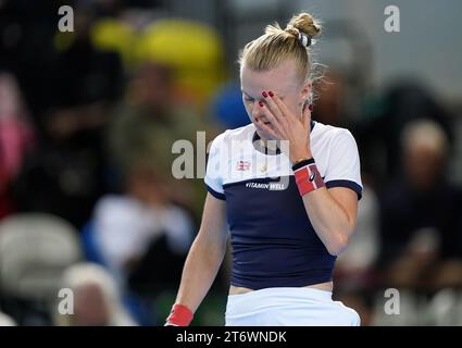 Harriet Dart de Grande-Bretagne pendant la deuxième journée du match de la coupe Billie Jean King 2023 entre la Grande-Bretagne et la Suède au Copper Box Arena, Londres. Date de la photo : dimanche 12 novembre 2023. Banque D'Images