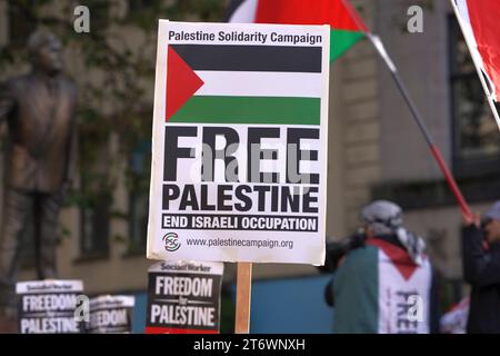 Messages de soutien sur des pancartes et des panneaux lors de la Marche Pro Palestine dans le centre-ville de Cardiff, samedi 11 novembre 2023 Banque D'Images