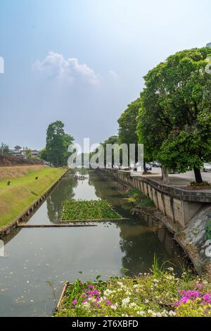 Chiang Mai, Thaïlande - 23 mars 2018 : reflets du ciel et des arbres sur la vieille ville Moat. Banque D'Images