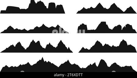 Silhouettes de roche de montagne. Rochers pics, montagnes noires formes de paysage. Falaises et collines vallée. Aventure ou escalade sportive, vecteur de nature décent Illustration de Vecteur