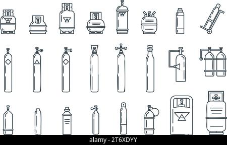 Icônes de conduite de bouteilles de gaz. Symboles des bouteilles d'oxygène et des stockages de pétrole. Bidons et conteneurs, bouteilles industrielles en métal set de vecteur décent Illustration de Vecteur