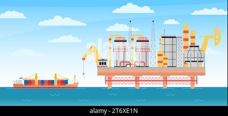 Concept d'industrie du gaz de mer. Extraction pétrolière et technique de forage. Navire-citerne avec stockage dans les approches océaniques de la plate-forme de forage. Vecteur industriel décent Illustration de Vecteur