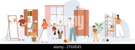 Les adolescents nettoient la maison ensemble. Ménage saisonnier familial, frère et sœur faisant les devoirs, passant l'aspirateur et balayant. Personnages vectoriels de dessin animé snogly Illustration de Vecteur