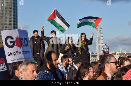 Londres, Royaume-Uni. 11 novembre 2023. Manifestants sur le pont de Vauxhall. Des centaines de milliers de personnes ont défilé vers l’ambassade américaine en solidarité avec la Palestine, appelant à un cessez-le-feu. La manifestation était la plus importante depuis le début de la guerre entre Israël et le Hamas. Banque D'Images