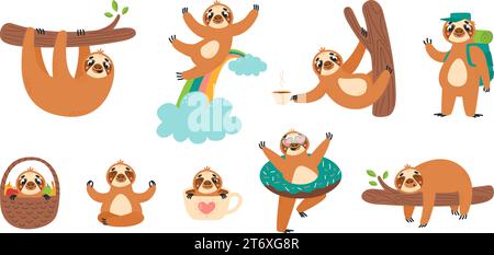 Paresseux mignons, tissu de bande dessinée dans différentes poses. Animal isolé sur branche, en tasse du matin et panier. Personnages de forêt vectorielle drôles et élégants Illustration de Vecteur