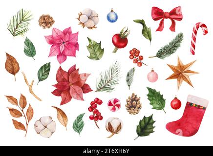 Poinsettia, branches de pin, décor de Noël, cannes de bonbon de vacances, hanches roses rouges et houx. Illustrations à l'aquarelle dessinées à la main. Un ensemble de nouvel an Banque D'Images